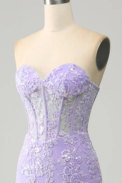 Light Purple Mermaid Sweetheart Corset Appliques Prom Dress With Side Slit TP1398