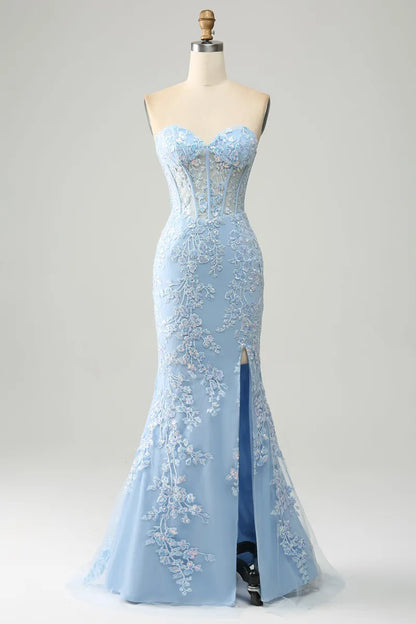 Light Purple Mermaid Sweetheart Corset Appliques Prom Dress With Side Slit TP1398