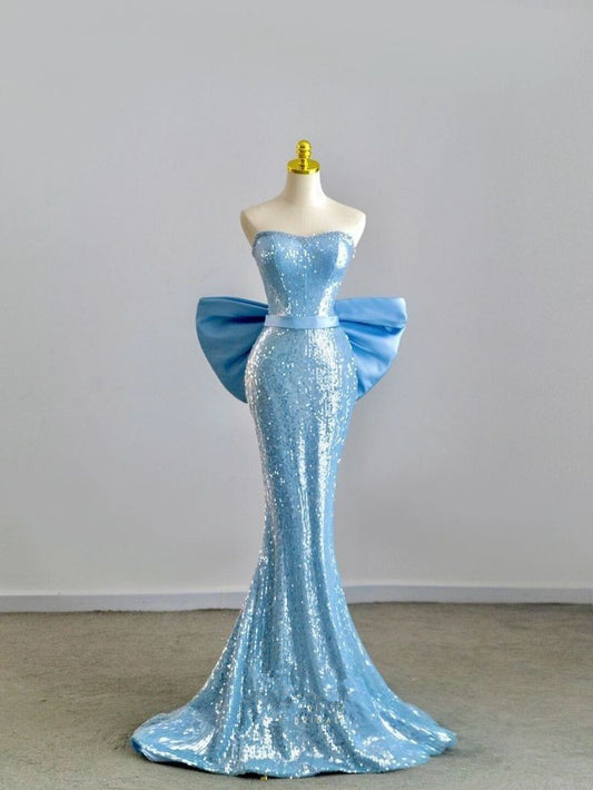 Off Shoulder Ribbon Back Sequined Trained Mermaid Evening Gown TP1399