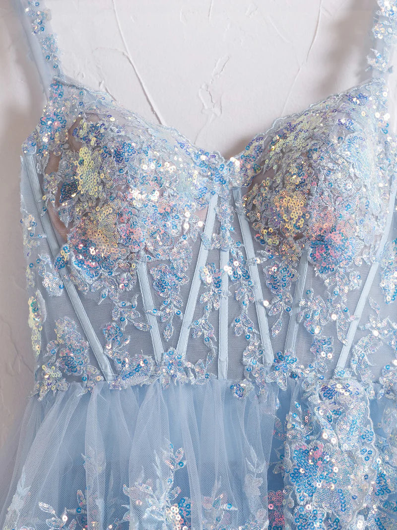 Blue Crystal Sequins Princess A Line Off the Shoulder Prom Dress with Lace Ruffles TP1402