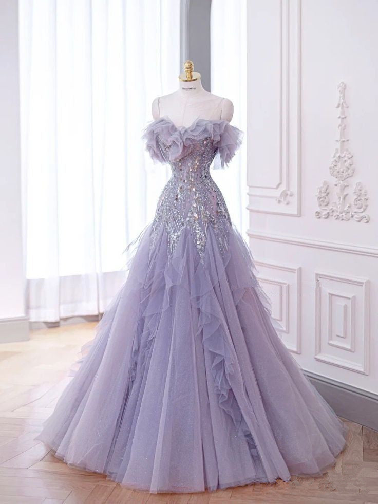 Purple A-Line Heart Neck Sequined Tulle Long Evening Gowns TP1404
