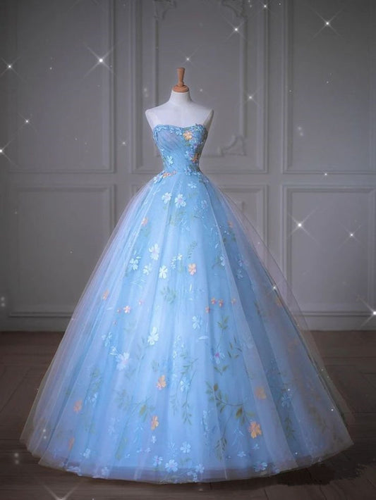 Blue Floral A-Line Strapless Heart Neck Tulle Long Evening Gowns TP1405