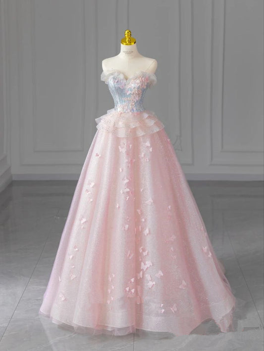 Pink Sweetheart A-Line Heart Neck Strapless Tulle Long Evening Dresses TP1407