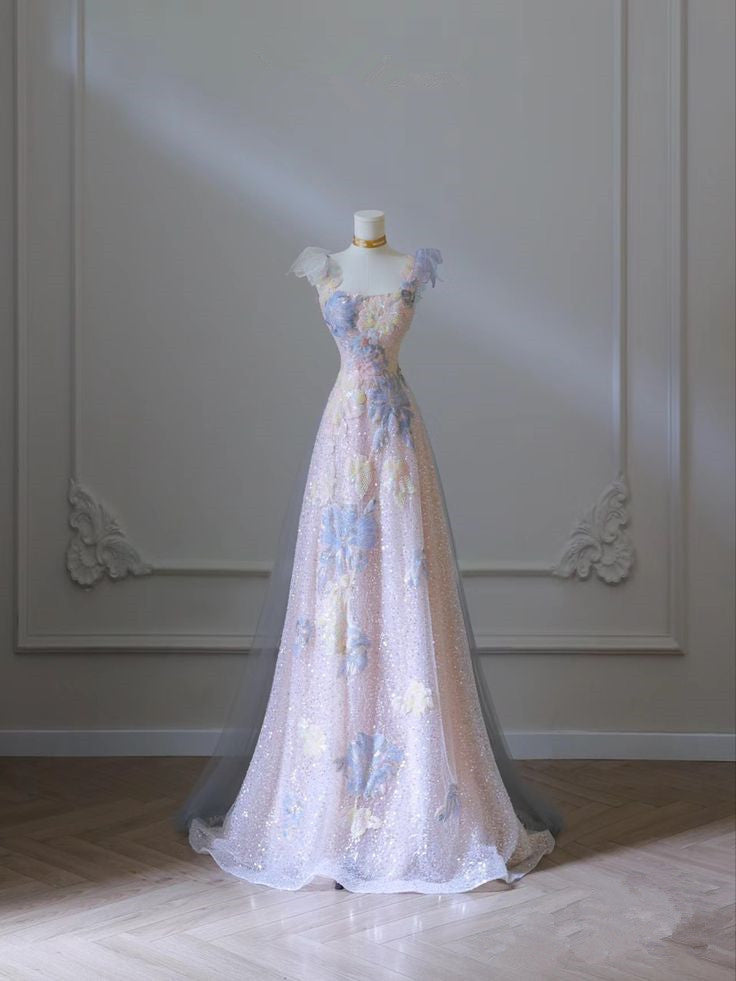 Pink Floral A-Line Strap Tulle Long Evening Dress TP1408