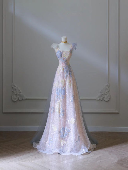 Pink Floral A-Line Strap Tulle Long Evening Dress TP1408
