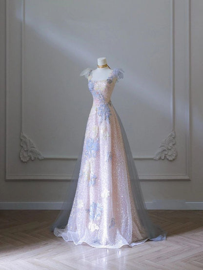 Pink Floral A-Line Strap Tulle Long Evening Dress TP1408