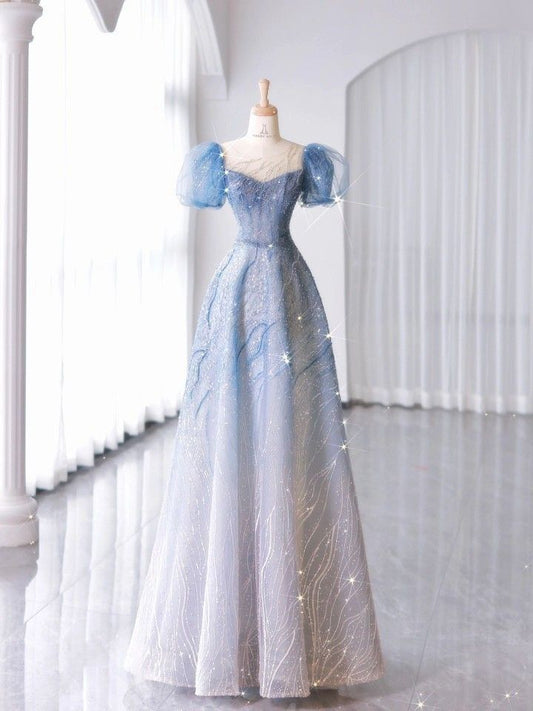 Blue Gradient A-line Short Sleeve Heart Shaped Neck Tulle Evening Dresses TP1409