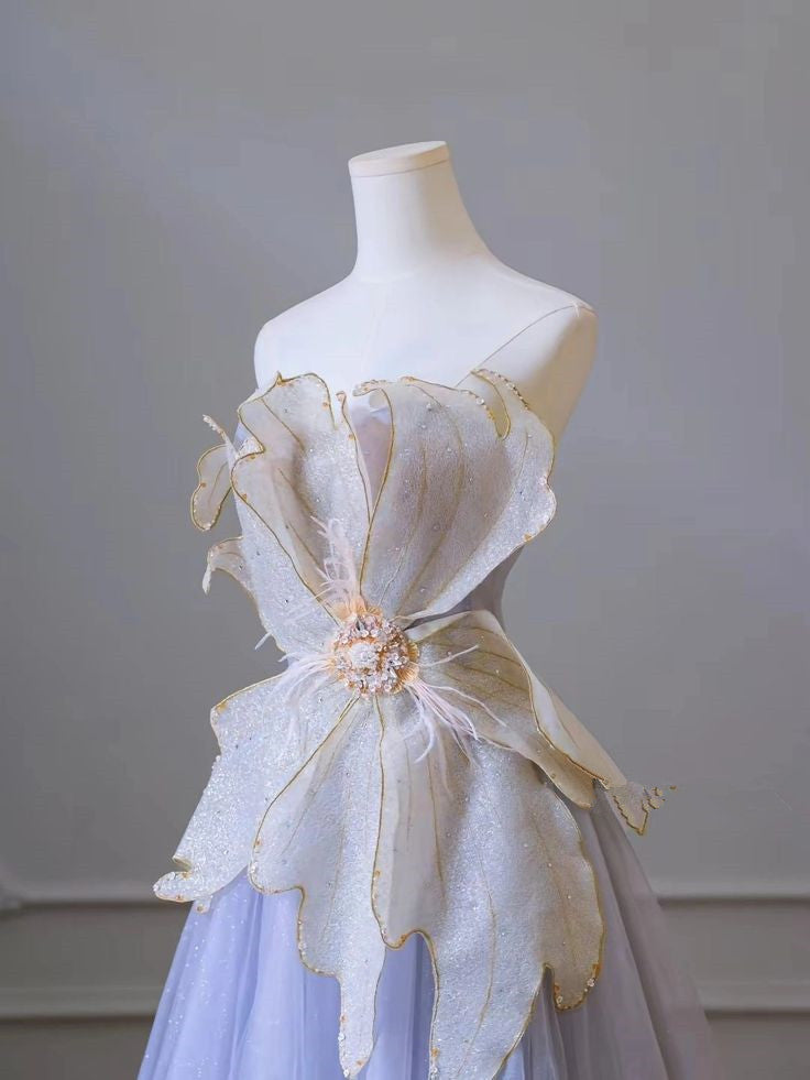 Lilac Purple 3D 3D Flower A-line Strapless Elegant Evening Gowns TP1410