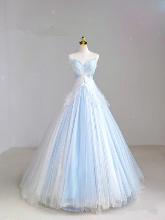 Light Blue A-Line Butterfly Heart Neck Strapless Tulle Long Evening Gowns TP1411