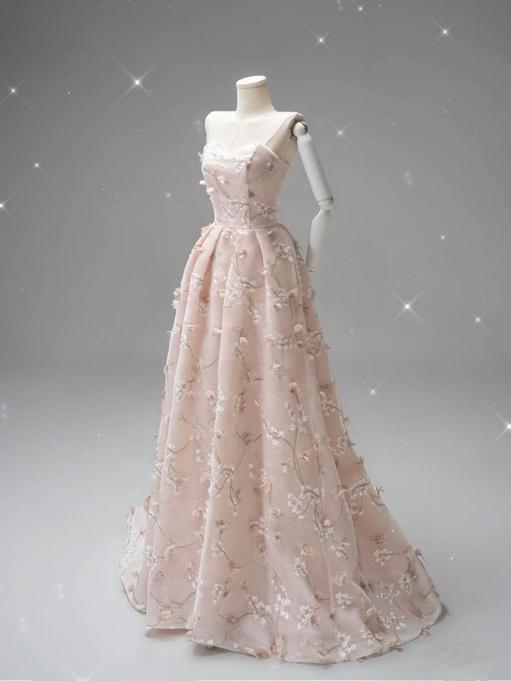 Pink A-Line Heart Neck Strapless Tulle Embroidered Evening Gowns TP1412