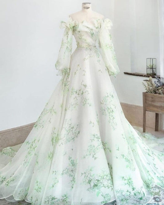 Green Strapless Long Sleeve A-Line Chiffon Full Length Evening Dresses TP1413
