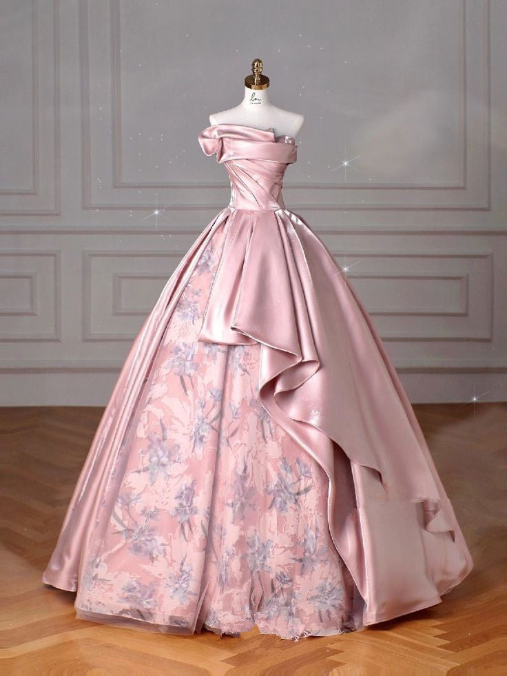 Pink A-Line Satin Strapless Floral Evening Gowns TP1414