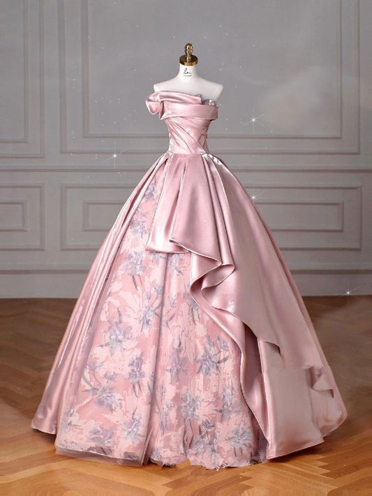 Pink A-Line Satin Strapless Floral Evening Gowns TP1414