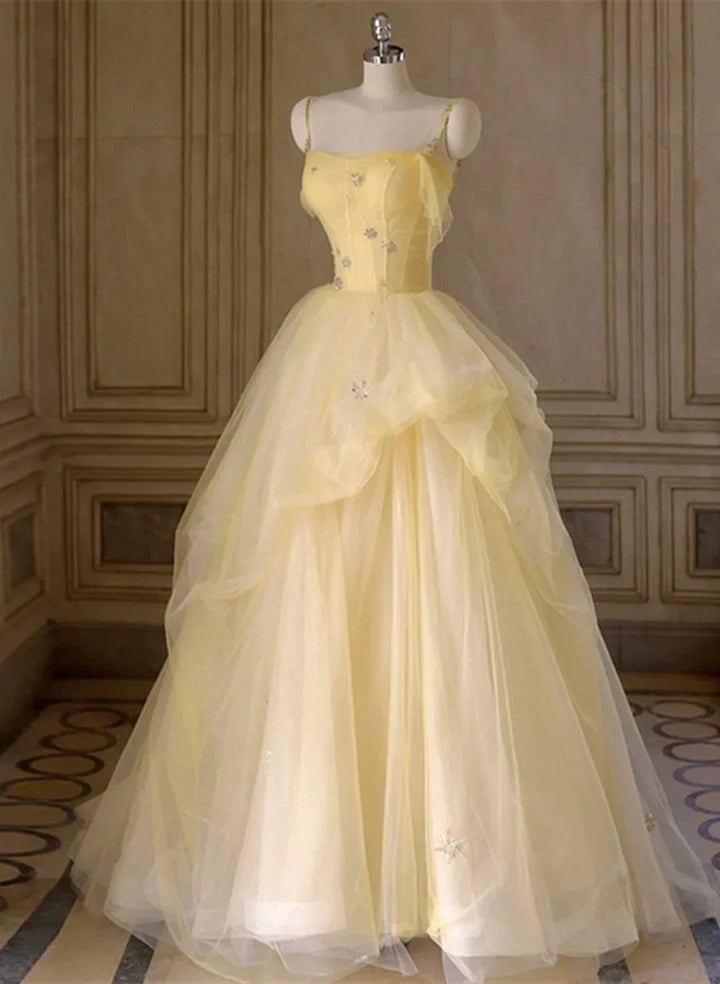 Light Yellow Tulle Long Party Dress, Yellow Tulle Prom Dress TP1415