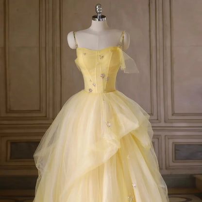 Light Yellow Tulle Long Party Dress, Yellow Tulle Prom Dress TP1415