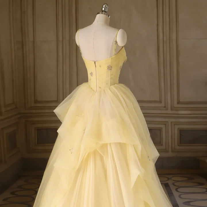Light Yellow Tulle Long Party Dress, Yellow Tulle Prom Dress TP1415