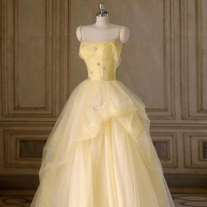 Light Yellow Tulle Long Party Dress, Yellow Tulle Prom Dress TP1415