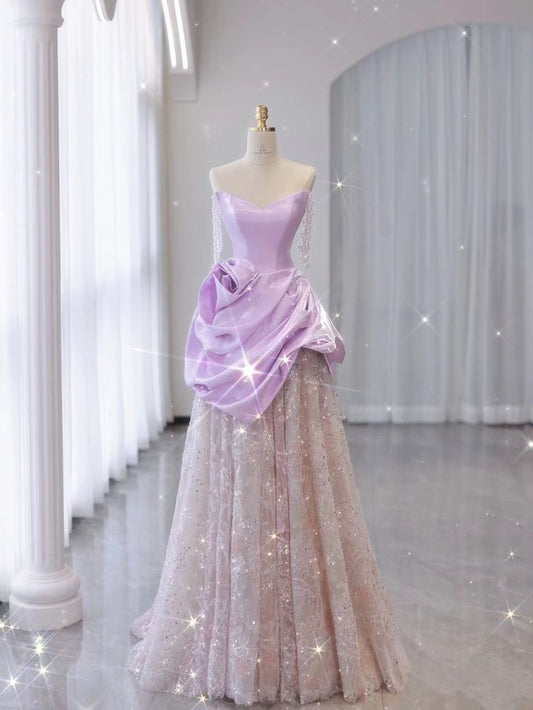Purple Satin A-Line Heart Neck Strapless Tulle Long Evening Dresses TP1418