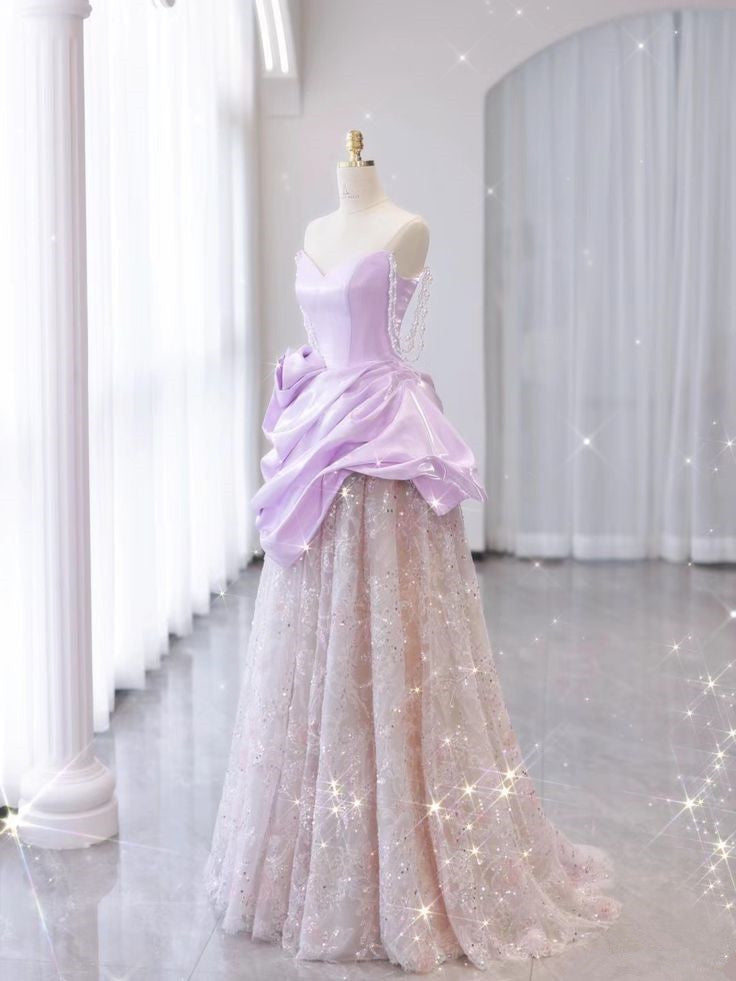 Purple Satin A-Line Heart Neck Strapless Tulle Long Evening Dresses TP1418