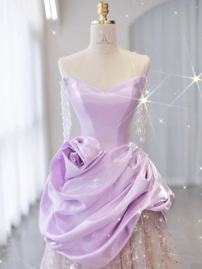 Purple Satin A-Line Heart Neck Strapless Tulle Long Evening Dresses TP1418
