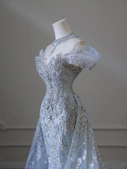 White Strapless Heart Shaped Neckline Beaded Tulle  Mermaid Floor Length Wedding Dresses TP1420