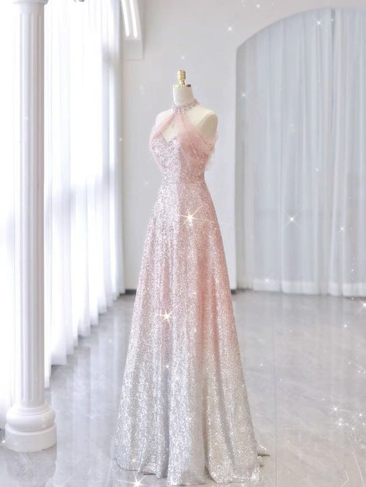 Pink Gradient Neck Hanging Sleeveless Full Shiny Beaded A-Line Long Evening Dress TP1421