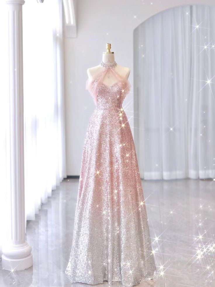 Pink Gradient Neck Hanging Sleeveless Full Shiny Beaded A-Line Long Evening Dress TP1421