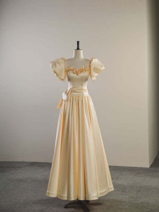 Light Yellow Satin Heart Neck Short Sleeve 3D Floral A-Line Tea Break Dress TP1429