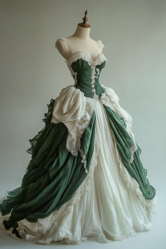 Green Vintage A-Line Spaghetti Strap Heart Neck Floor Length Dresses TP1431