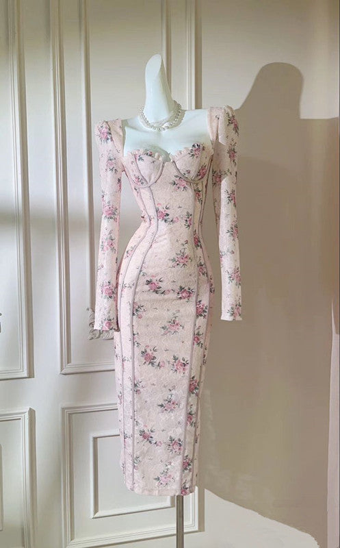Pink Long Sleeve Printed Wrap Hip Tea Dresses TP1433
