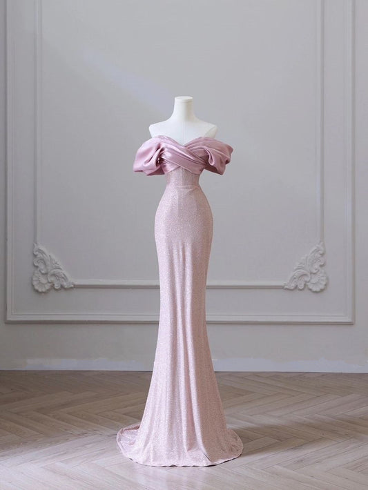Pink Strapless Sleeveless Mermaid Sequin Beaded Floor Length Dress TP1435