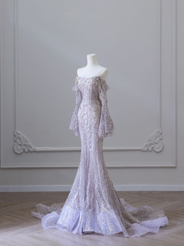 Purple Strapless Long Sleeve Mermaid Floor Length Dress TP1436