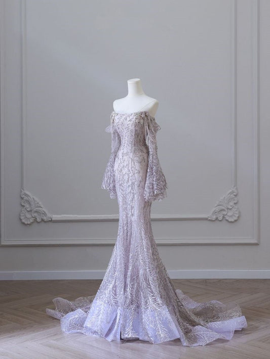 Purple Strapless Long Sleeve Mermaid Floor Length Dress TP1436