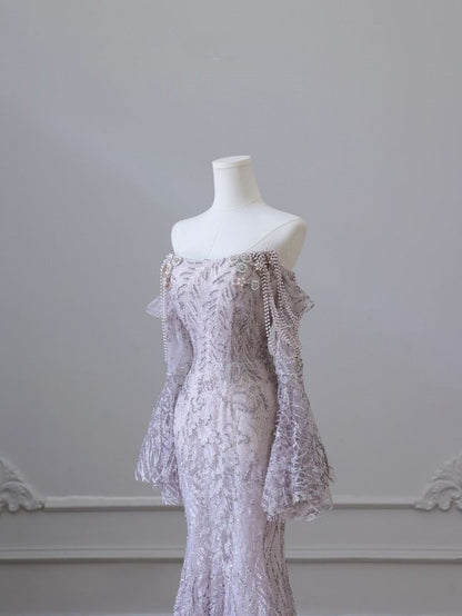 Purple Strapless Long Sleeve Mermaid Floor Length Dress TP1436