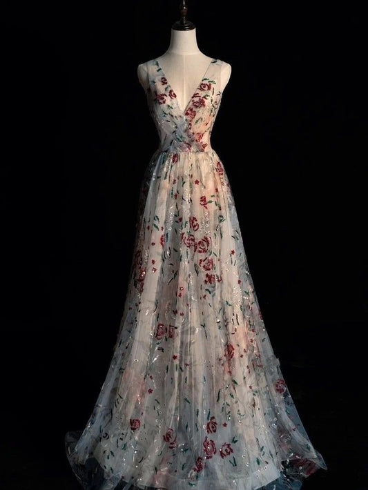 White A-Line V-Neck Sleeveless Printed Tulle Long Evening Dresses TP1440
