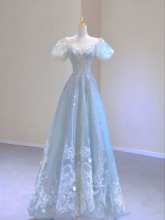 Light Blue A-Line Round Neck Short Sleeve Bright Beaded Tulle Long Evening Dresses TP1441