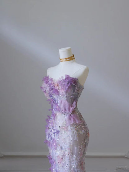 Purple Mermaid Strapless Heart Neck Printed Lace Long Evening Dresses TP1442