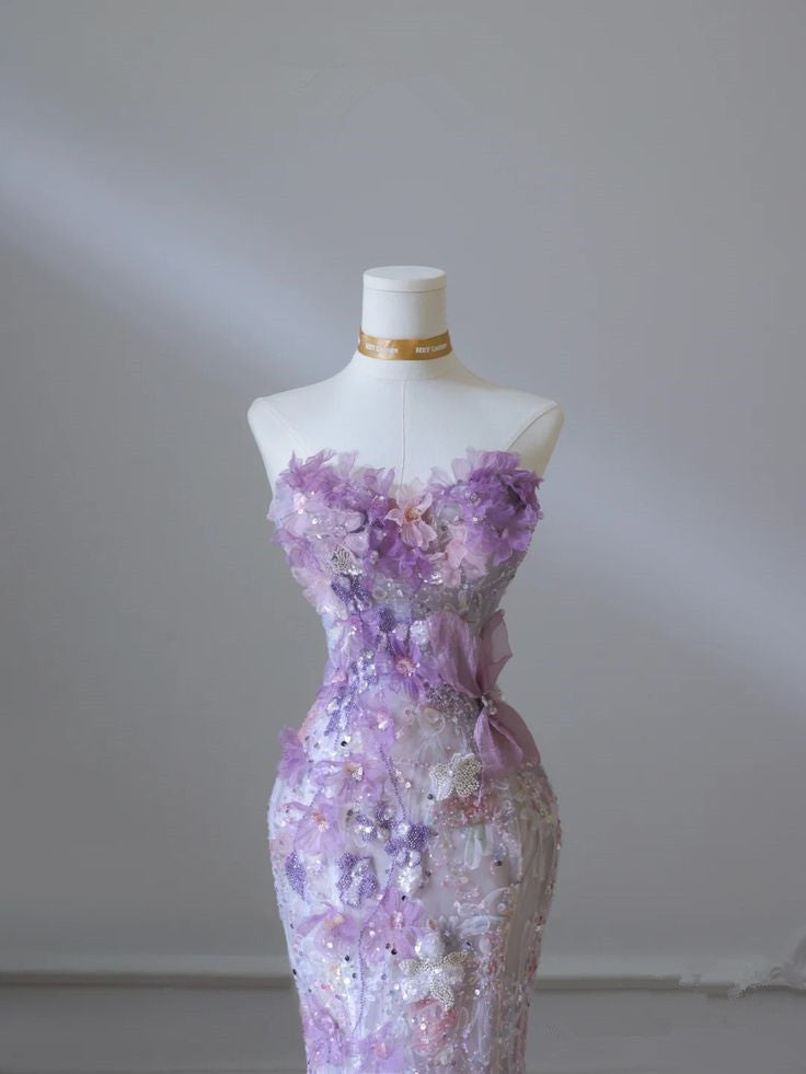 Purple Mermaid Strapless Heart Neck Printed Lace Long Evening Dresses TP1442