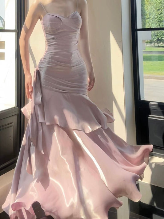 Light Pink Simple Spaghetti Straps Sleeveless Chiffon Long Evening Dresses TP1443