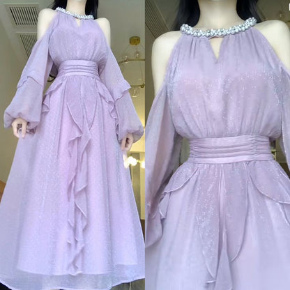 Purple Strapless Long Sleeve Hanging Neck A-Line Chiffon Long Evening Dresses TP1444