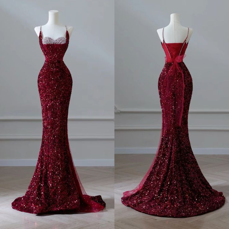 Burgundy Heart Neck Spaghetti Strap Sequined Mermaid Long Evening Dresses TP1446