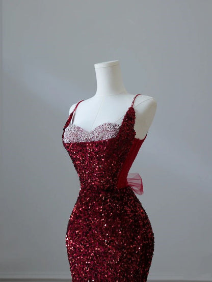 Burgundy Heart Neck Spaghetti Strap Sequined Mermaid Long Evening Dresses TP1446