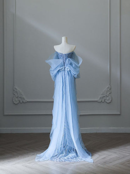 Blue A-line Strapless Beaded Tulle Elegant Long Evening Gowns TP1447