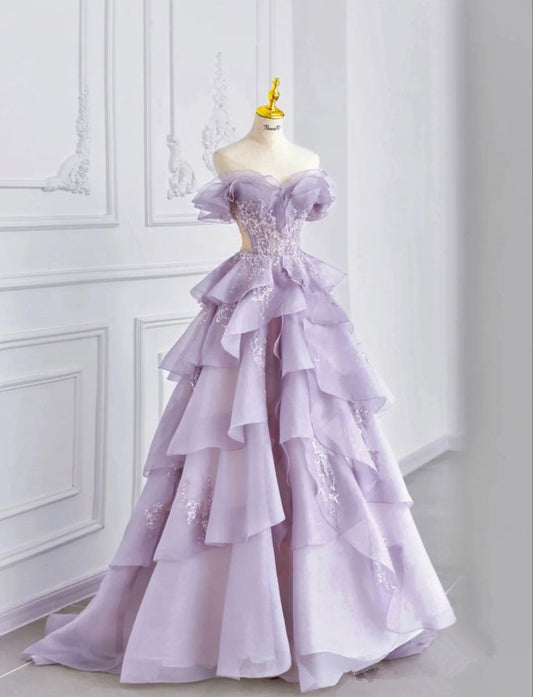 Light Purple A-Line Strapless Heart Neck Chiffon Tiered Long Evening Dresses TP1448