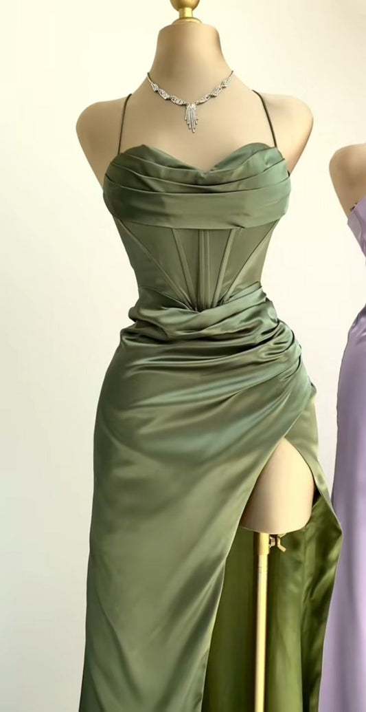 Green A-line Spaghetti Strap Heart Neck Satin Split Long Evening Gowns TP1449