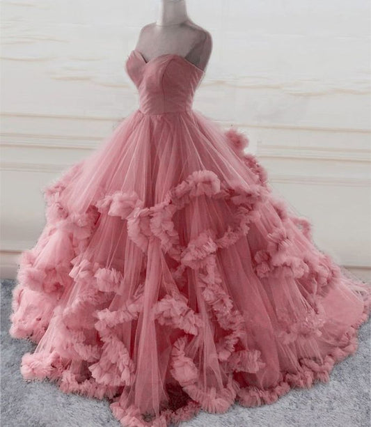 Pink Heart Neck Strapless Cake Dresses Tiered Long Evening Gowns TP1451