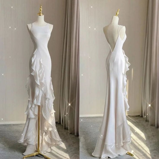 Elegant White Round Neck Slim Fit Sleeveless Dress Evening Party Gown with Ruffles  TP1453