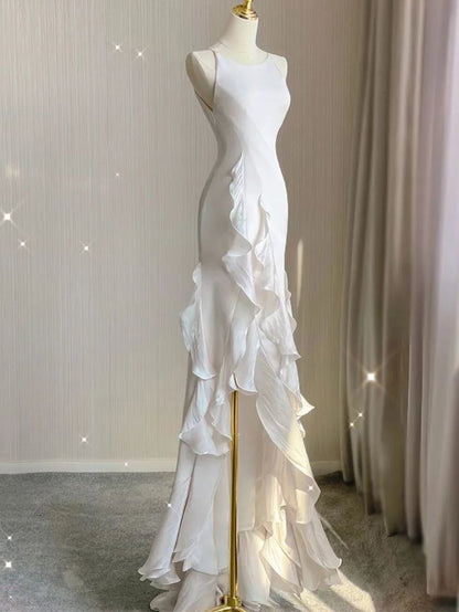 Elegant White Round Neck Slim Fit Sleeveless Dress Evening Party Gown with Ruffles  TP1453