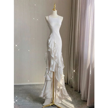 Elegant White Round Neck Slim Fit Sleeveless Dress Evening Party Gown with Ruffles  TP1453