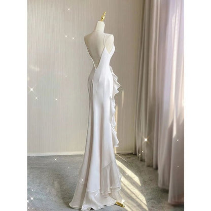 Elegant White Round Neck Slim Fit Sleeveless Dress Evening Party Gown with Ruffles  TP1453